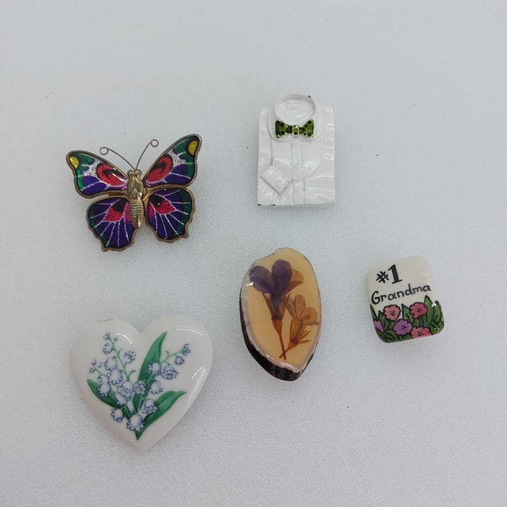 Mix Lot Of 5 Small  Pins Butterfly Heart Flower Grandma Shirt With Bow Tie